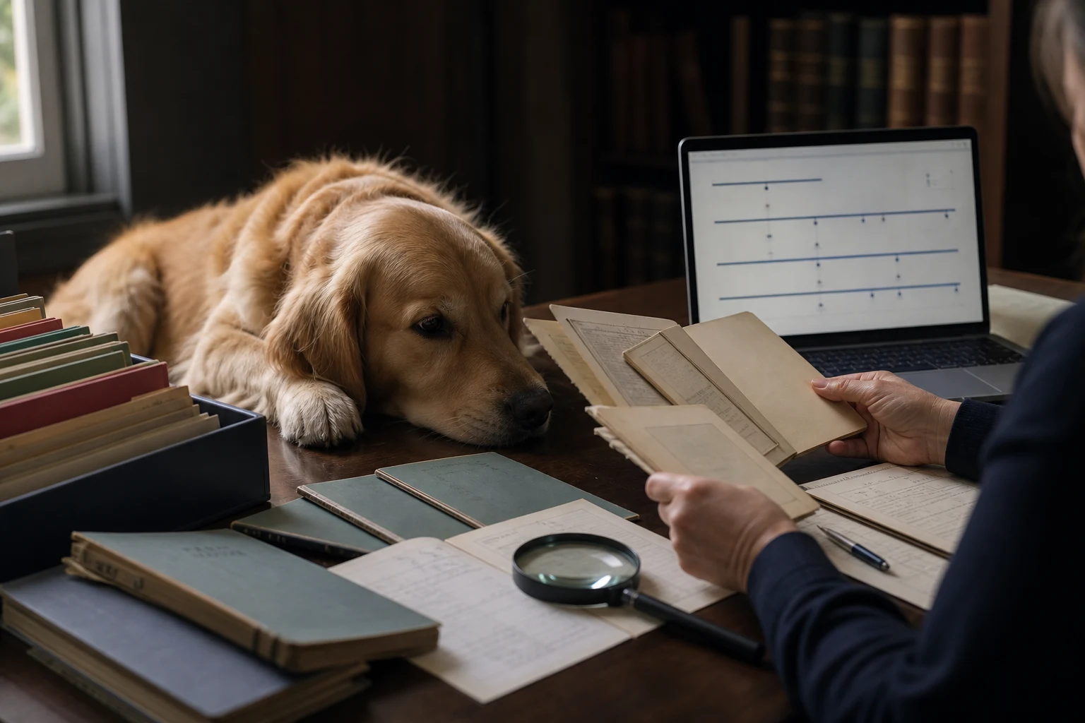 Golden Retriever beside archival show records and a modern results timeline under review