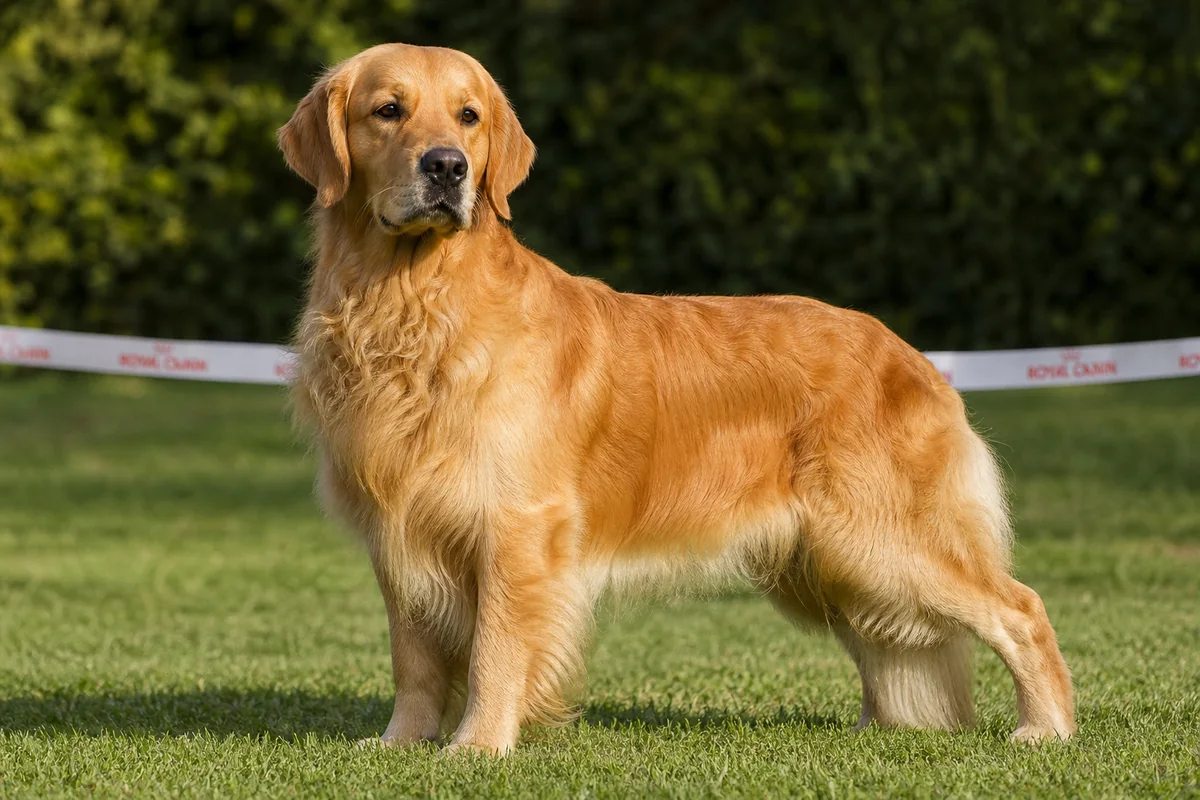 Ch Goldtreve Camrose Tobias, Golden Retriever mâle adulte, robe dorée, sur le ring d'exposition
