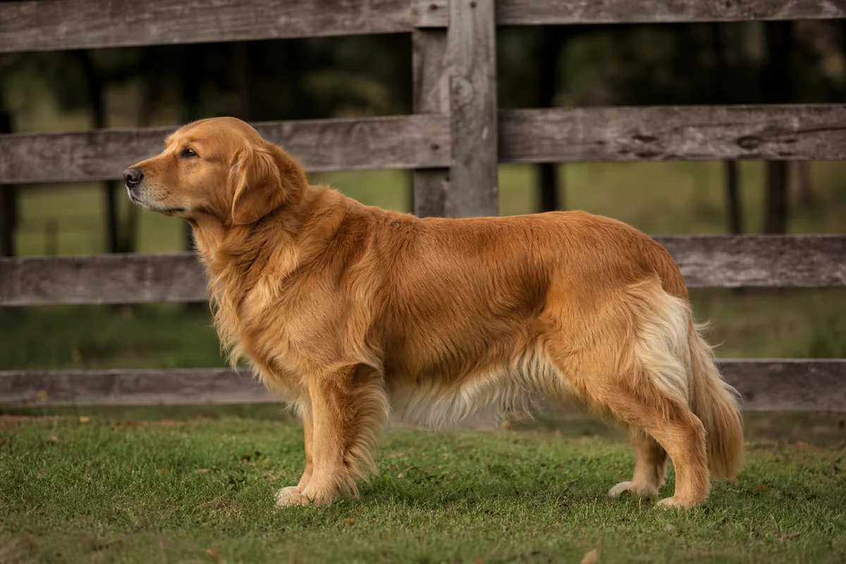 Aust Ch Kyvalley Charming, chienne fondatrice du élevage Goldtreve, devant une clôture rustique