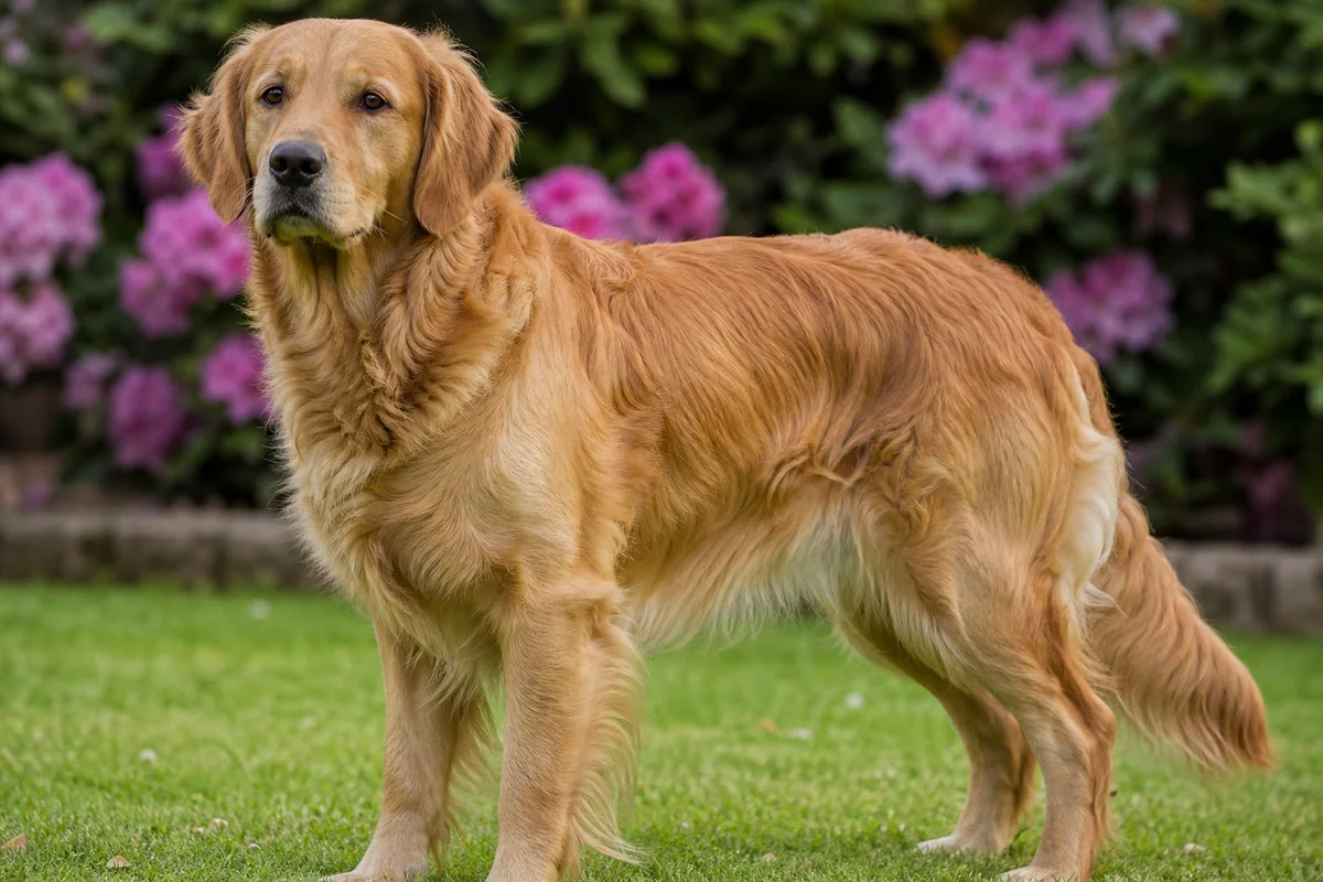 Ch Goldtreve Wild Chilipepa, Golden Retriever femelle adulte, robe dorée chaude, dans un jardin fleuri