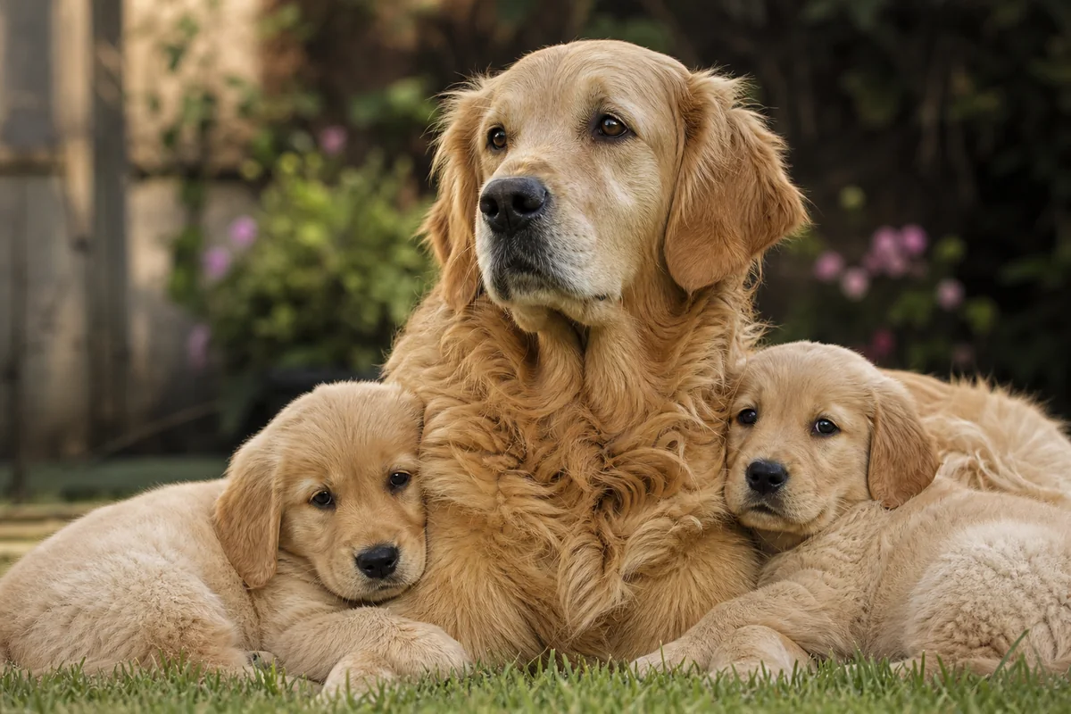 Ch Gaewynd Tapestry, Golden Retriever femelle allongée avec deux chiots blottis contre elle