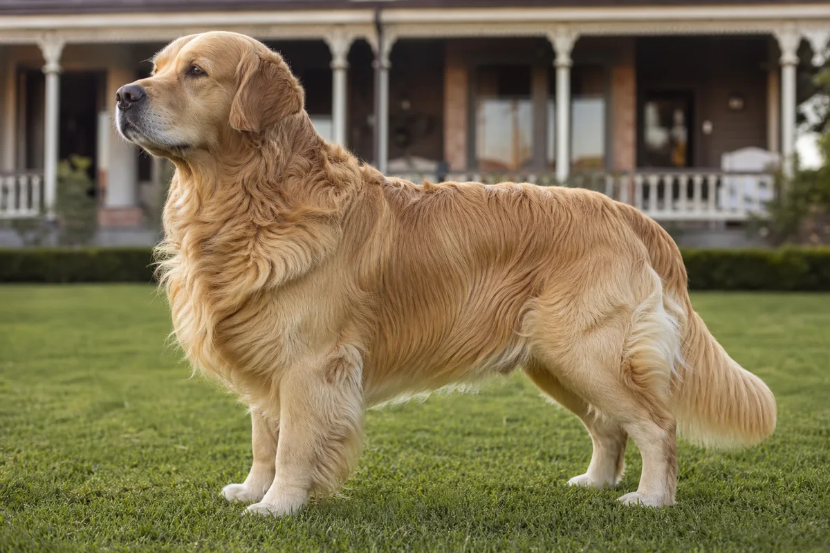 Goldtreve Gamekeeper, Golden Retriever mâle adulte, robe dorée dense, devant une véranda traditionnelle