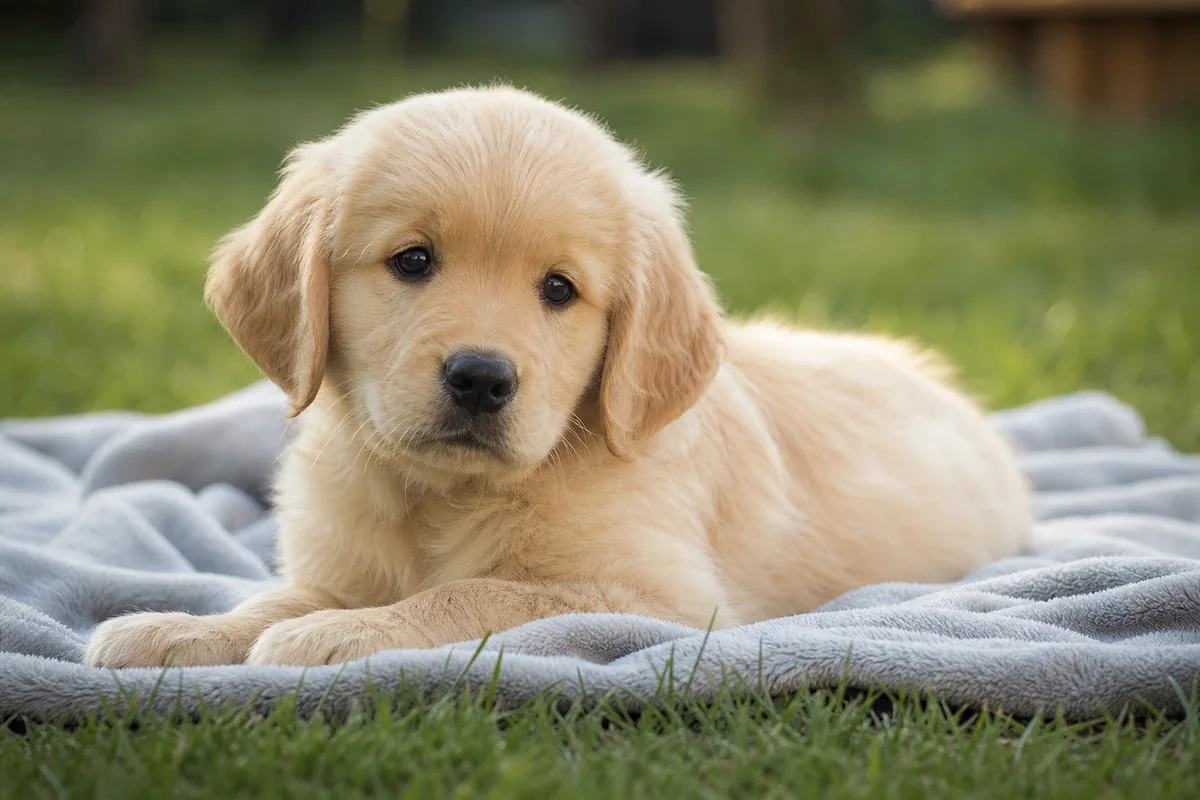 Chiot Golden Retriever d'environ huit semaines, allongé sur une couverture