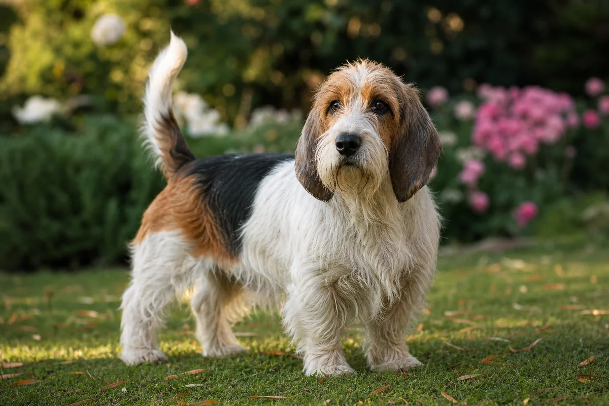 Sup Ch Reymundo, Petit Basset Griffon Vendéen mâle adulte, robe tricolore, dans un jardin