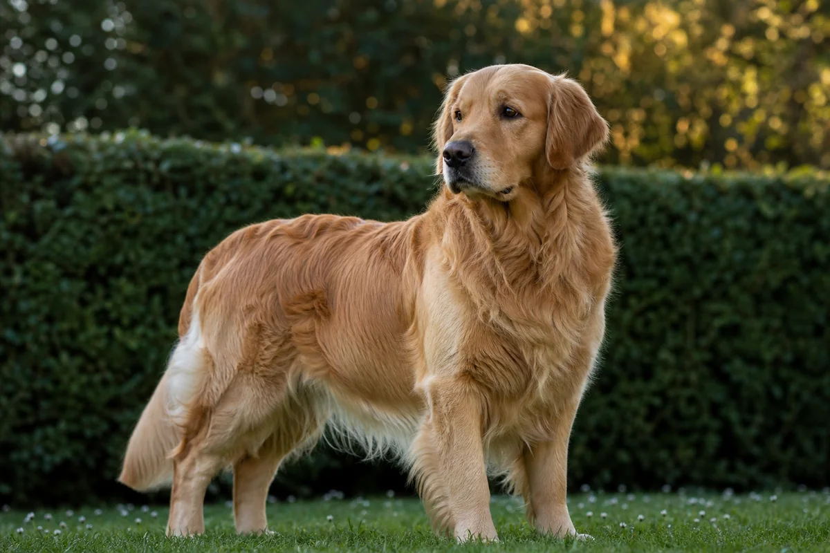 Grand Ch Santamaria Tapestry, Golden Retriever femelle adulte, robe dorée dense, dans un jardin