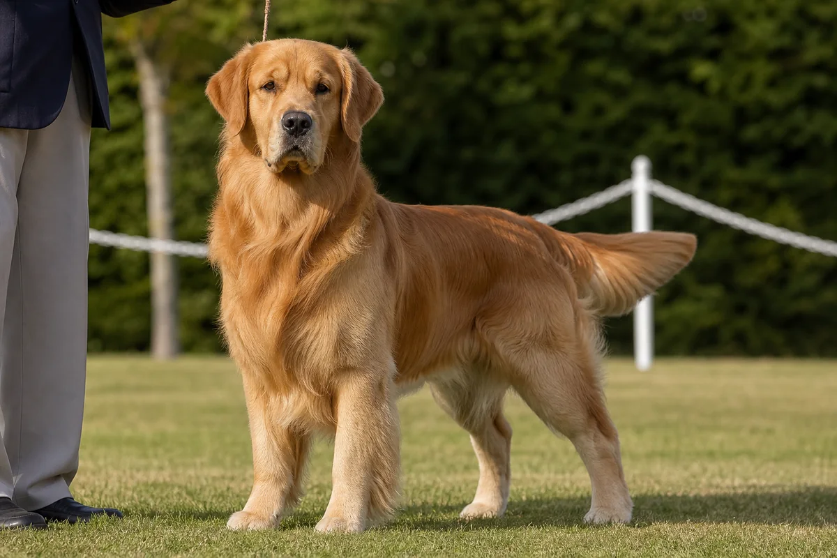 Aust Supreme Grand Ch Goldtreve Storm Keeper, Golden Retriever mâle adulte, robe dorée dense, en pose d'exposition