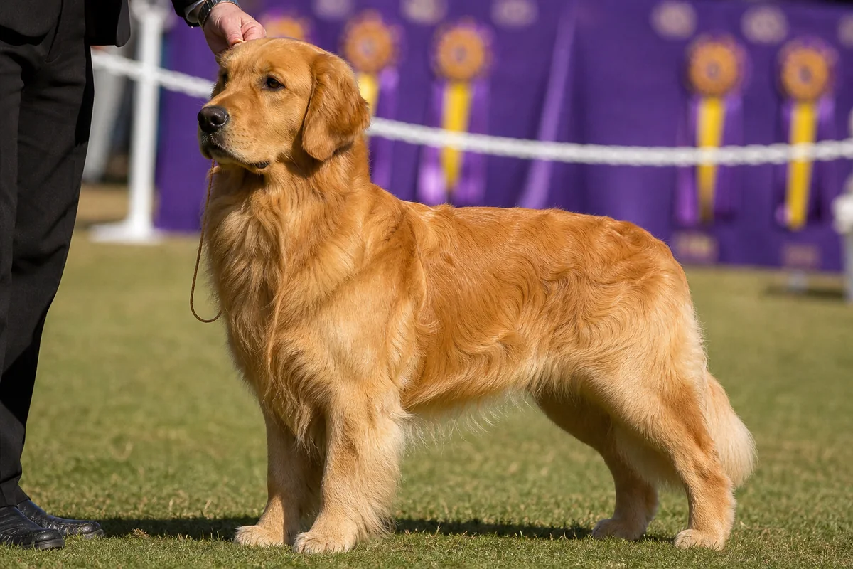 Aust Grand Ch Goldtreve Wild N Wicked, Golden Retriever mâle adulte, robe dorée dense, en pose d'exposition sur gazon de ring