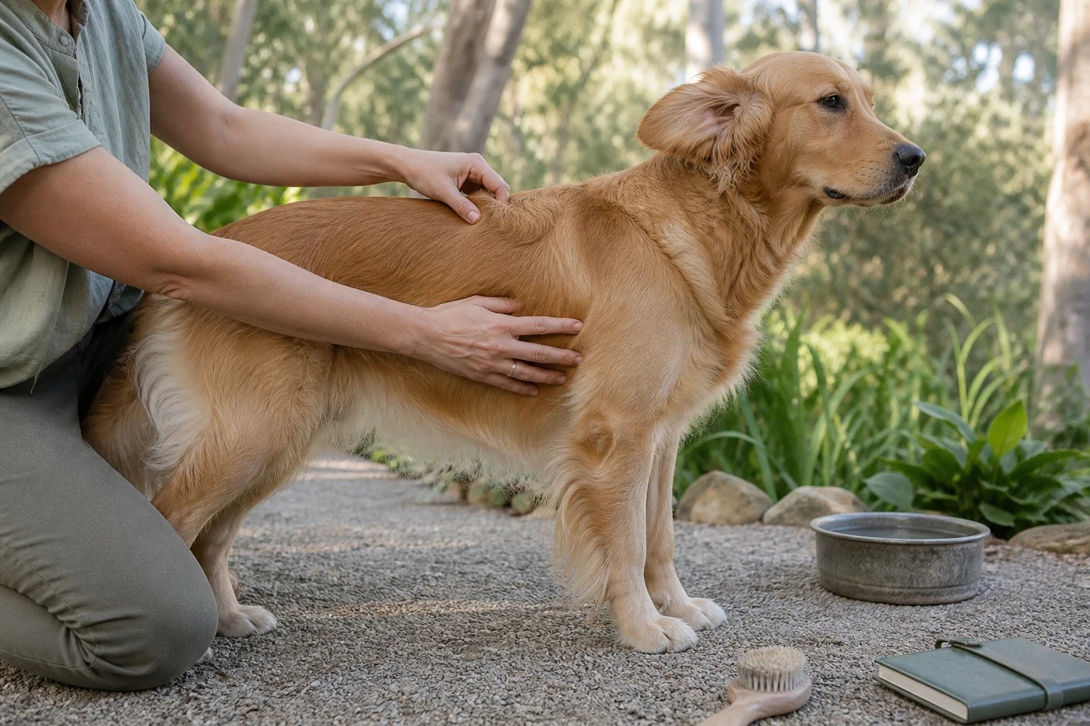 Female Golden Retriever during a calm daily body and coat observation in an Australian garden