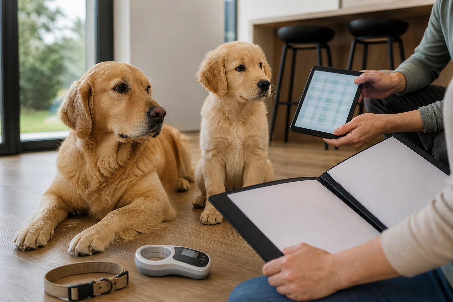 Golden Retriever and puppy beside health records and a microchip scanner during a responsible verification