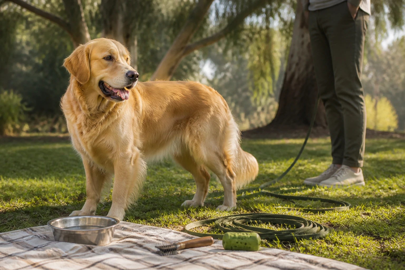 Golden Retriever with water, grooming and enrichment equipment in a shaded Australian park