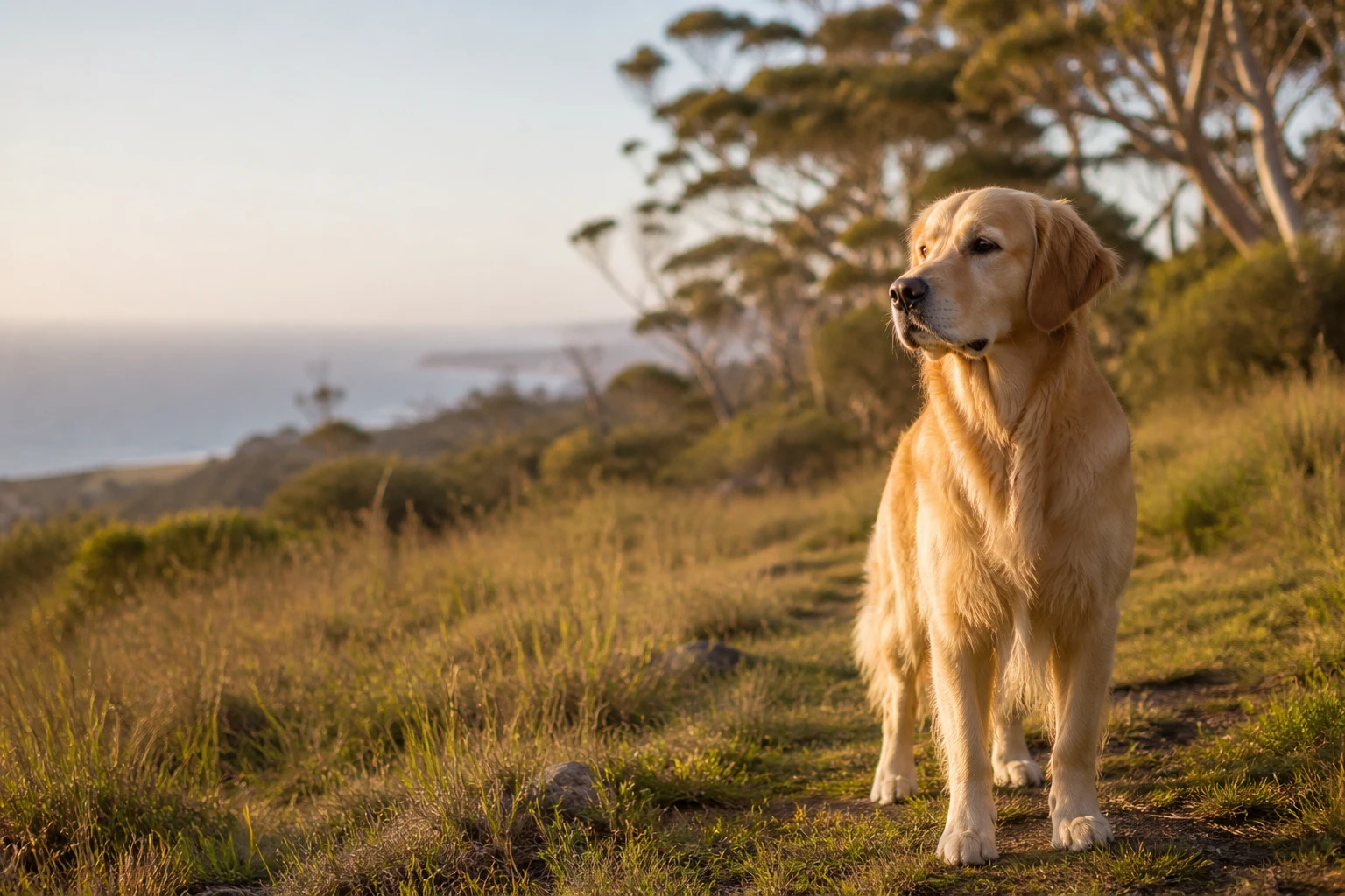 Golden Retriever standing on a coastal path above an Australian beach at sunrise