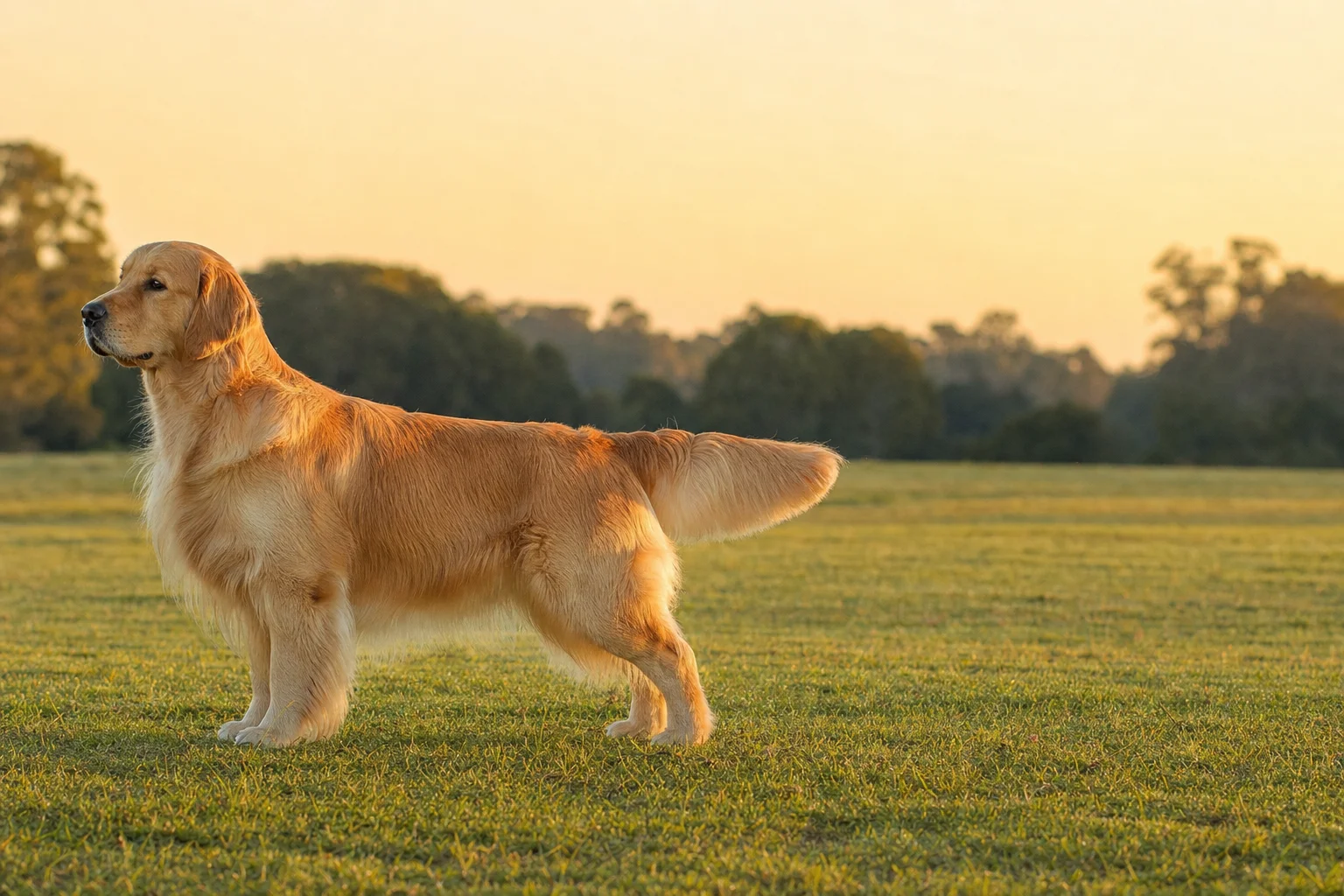 Golden Retriever adulte à la robe dorée ondulée, en pose d'exposition dans une prairie australienne baignée de lumière dorée du matin