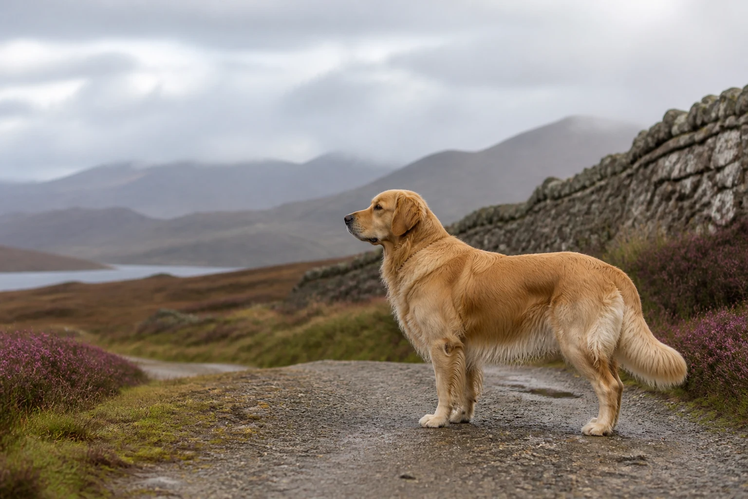 Golden Retriever standing beside heather and a stone wall in the Scottish Highlands