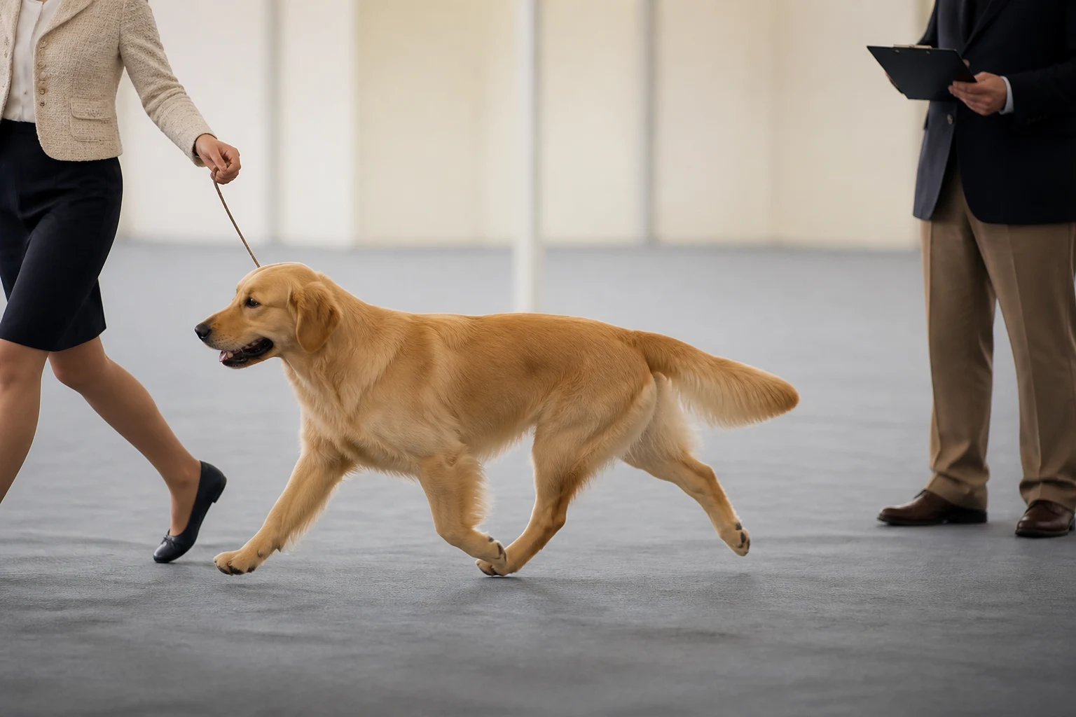Golden Retriever moving at a controlled trot while a judge observes from a respectful distance