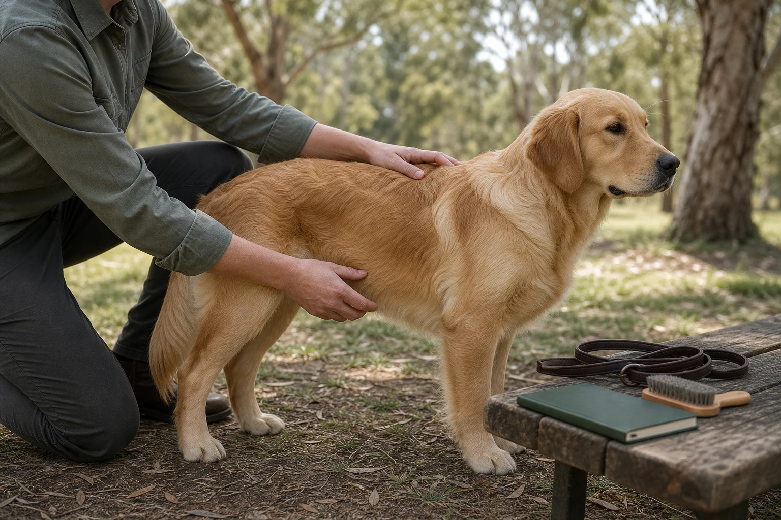Male Golden Retriever during a calm handling and coat check in an Australian park