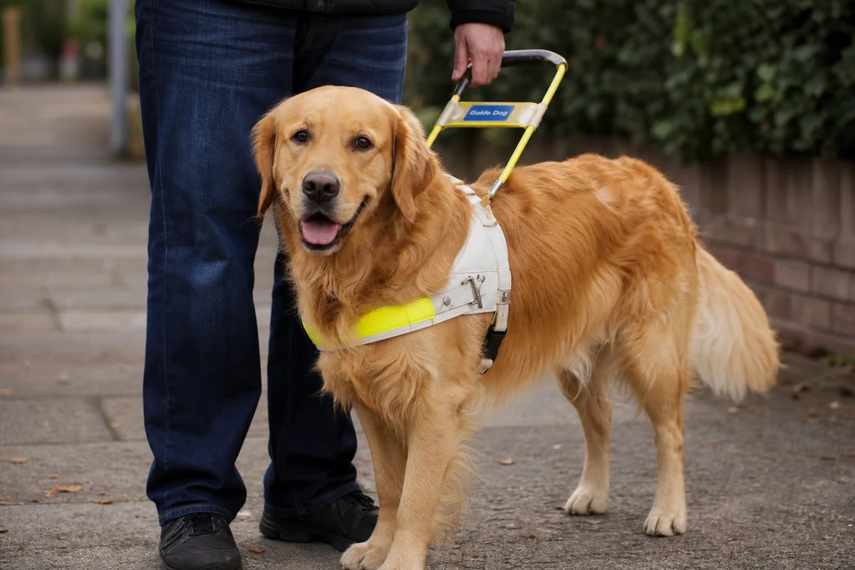 Golden Retriever portant un harnais de chien guide d'aveugle, aux côtés de son maître