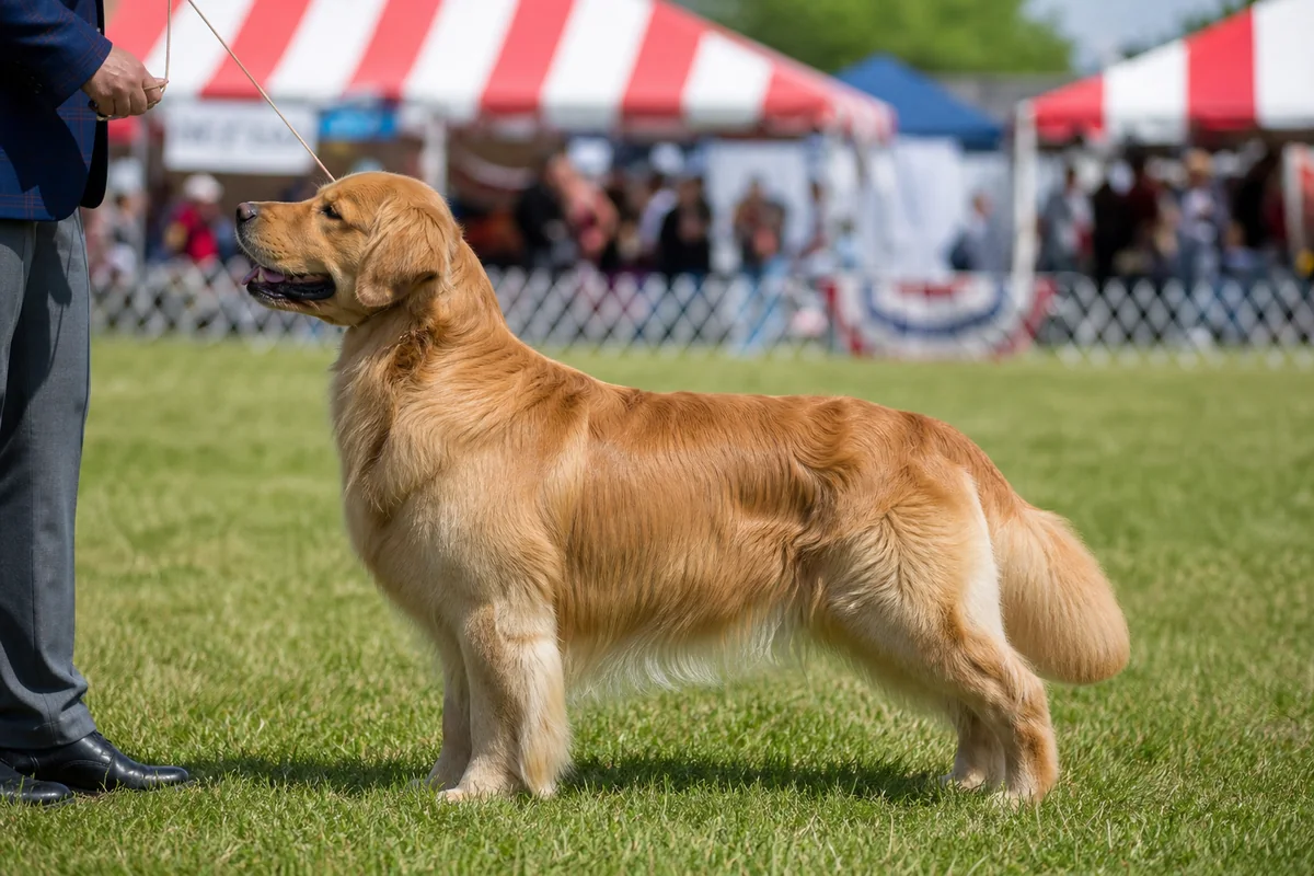 Golden Retriever en pose d'exposition lors d'un concours canin de style américain