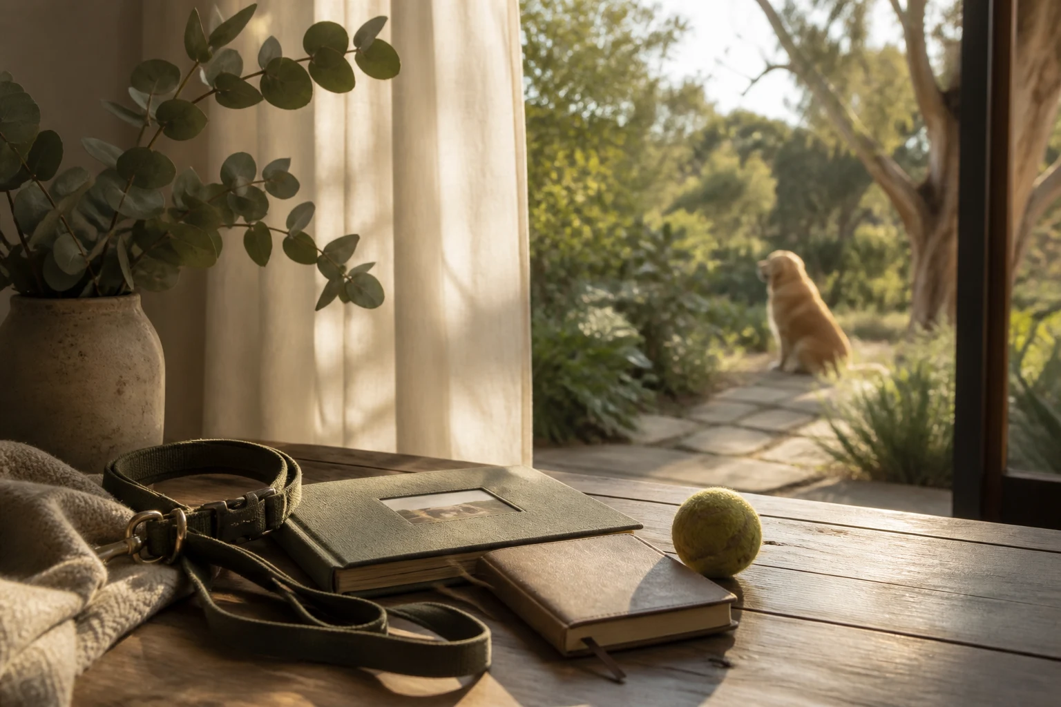 A collar, photograph album and ball arranged quietly while a Golden Retriever rests in a sunlit garden