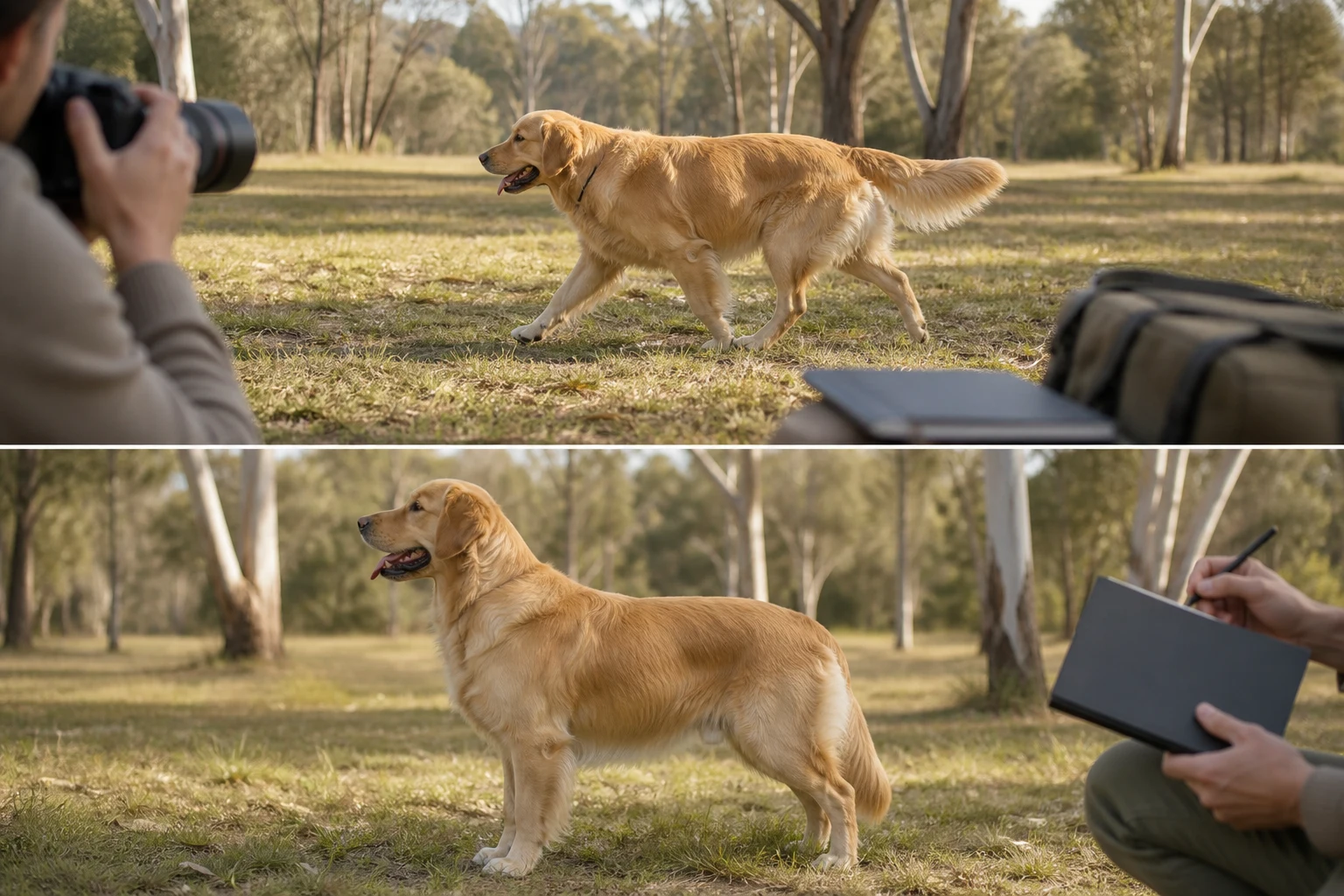 Golden Retriever photographed walking and standing naturally in a park for responsible visual observation