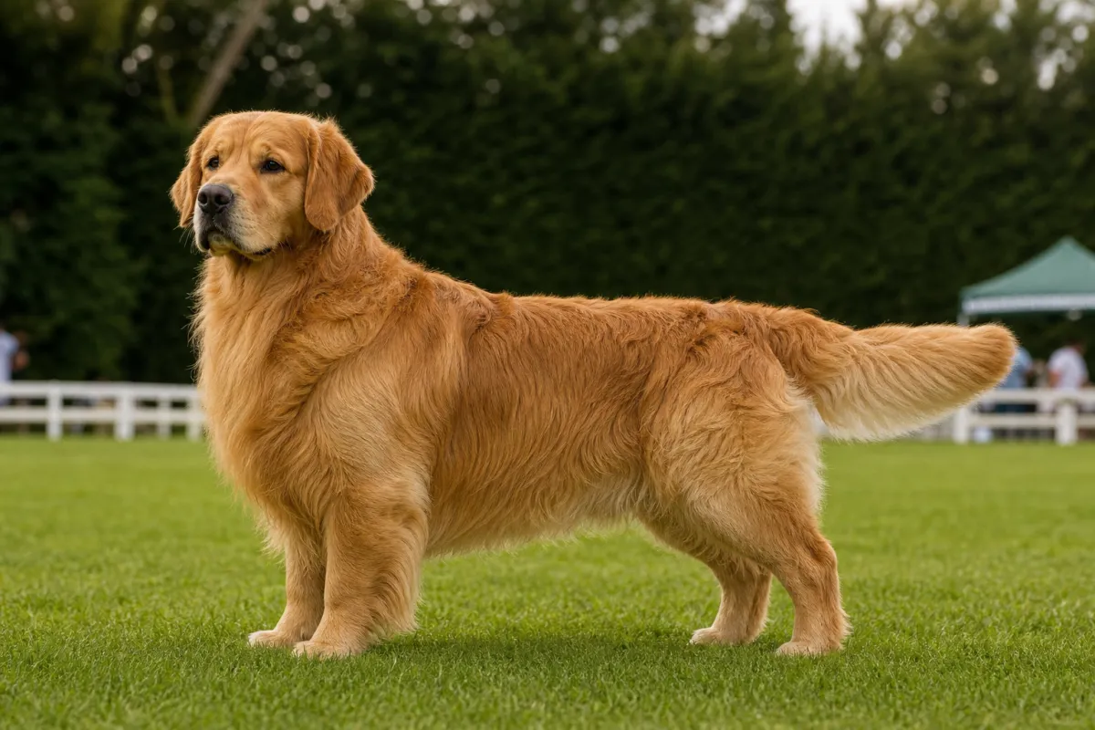 Golden Retriever mâle adulte à l'allure confiante, tête large au stop bien marqué, robe dorée dense, posture d'exposition