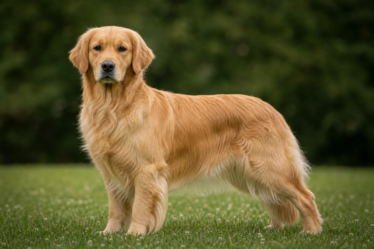 Golden Retriever femelle adulte à l'expression douce, robe dorée ondulée avec franges, posture élégante d'exposition