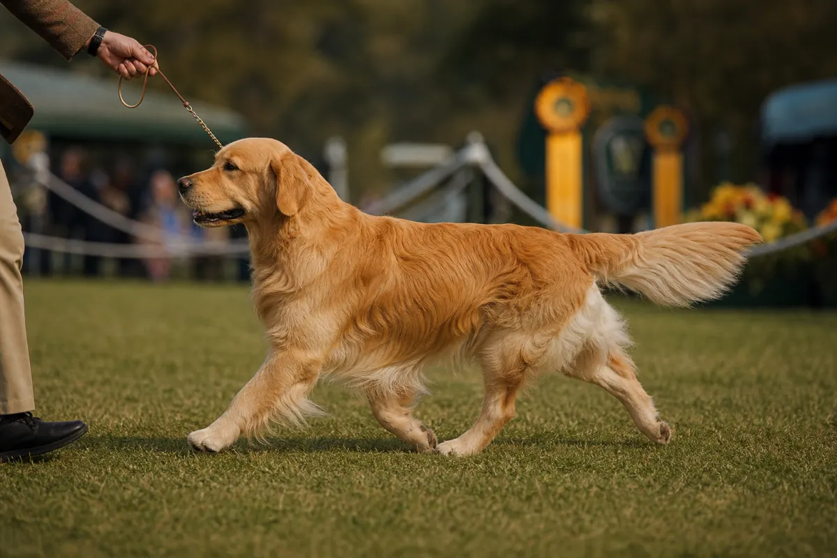 Golden Retriever mené en laisse sur un ring d'exposition canine, robe dorée en mouvement, rosettes en arrière-plan