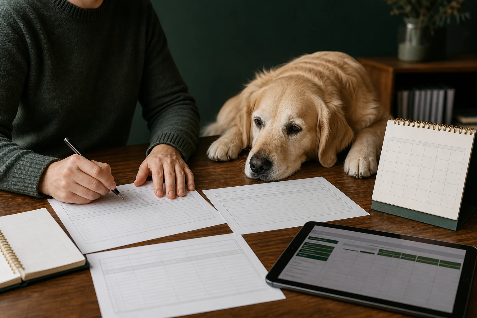 Golden Retriever beside dated show records being checked against a registry
