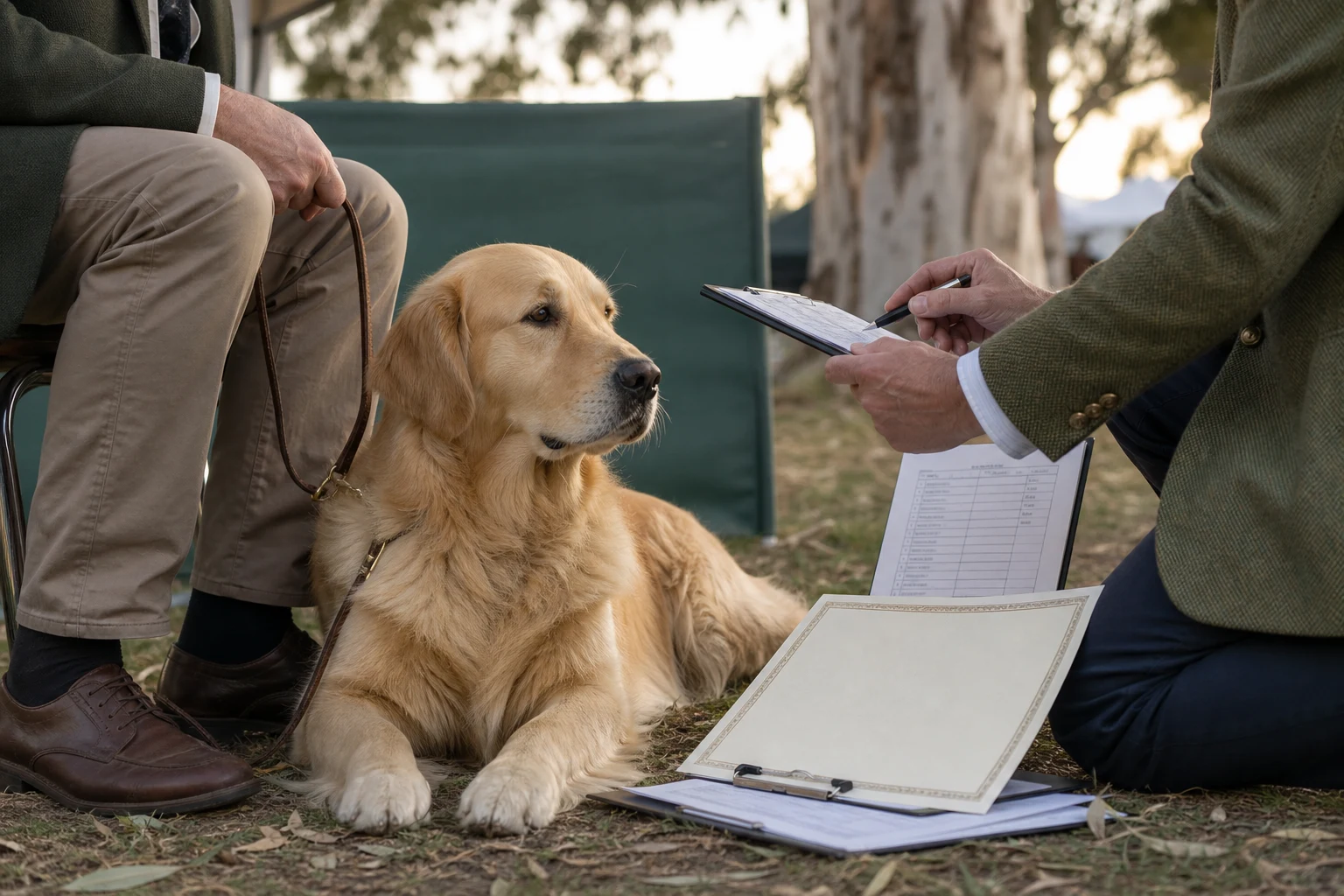 Golden Retriever beside generic Australian show records and a blank certificate being cross-checked