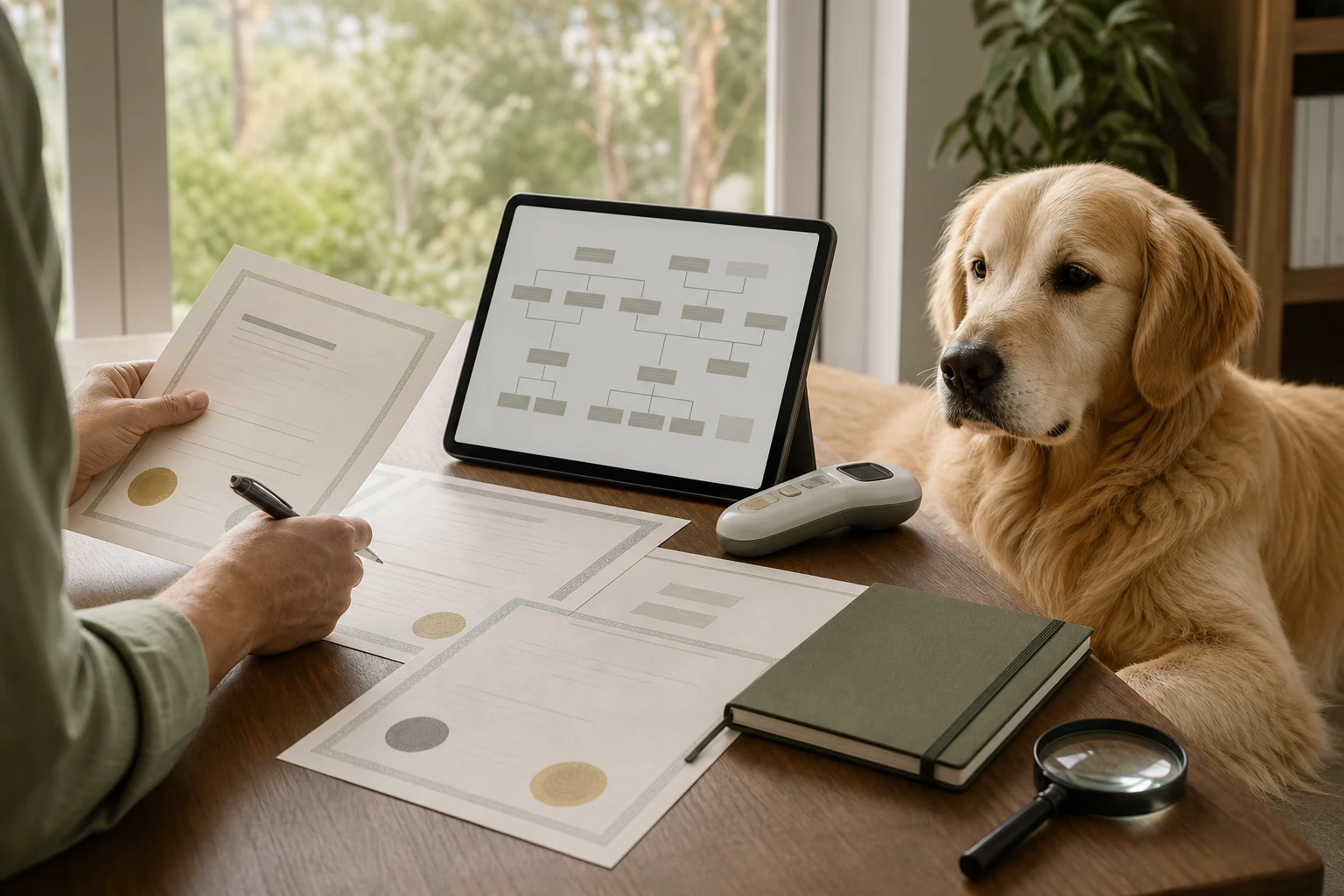 Golden Retriever beside a pedigree chart, health records and a microchip scanner being cross-checked